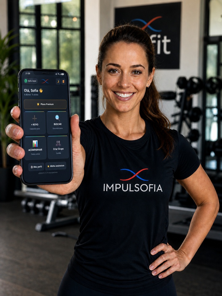 Profissional de Educação Física mostrando a plataforma Impulsofia no celular em uma academia