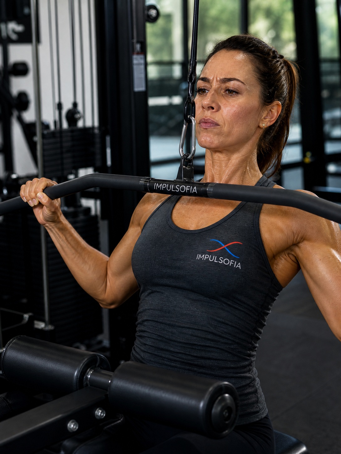 Atleta em exercício de puxador com camiseta Impulsofia