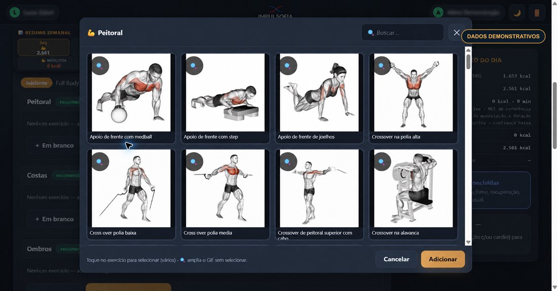 Galeria demonstrativa de exercícios da Impulsofia para selecionar movimentos na prescrição